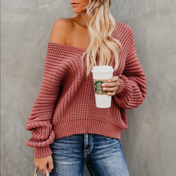 Knit V Neck Sweater - Dusty Cedar - Picture 1 of 8